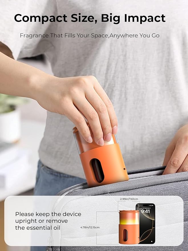 Waterless Diffuser for Essential Oil: Mini Battery Scent Diffuser for Room&Home&Car with 9 Colors LED Light - Aroma Cool Mist Machine Bright Orange