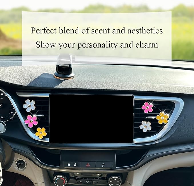 6pcs Flowers Car Air Freshener Vent Clips,Pink Yellow White Daisy Flowers Air Vent Clip Car Accessories for Women,3.3cm/3cm Flower Girly Vehicle Decor Refillable Outlet Diffuser