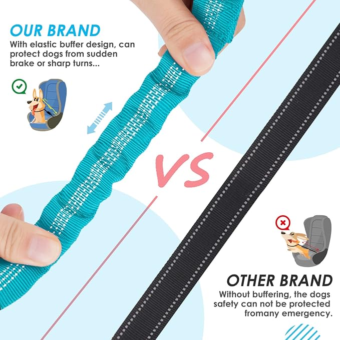 SlowTon Dog Seat Belt, Double Dog Seatbelt Adjustable Vehicle Safety Leash with Elastic Bungee Buffer, Reflective No Tangle Y Shape Two Dog Harness Seat Belt Splitter for Pets Car Trip (Mint Blue, M)