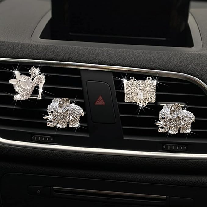 Bling High Heel Shoe and Bag Air Vent Clips, 4 Pcs Crystal Elephant Car Air Fresheners Vent Clips Car Diffuser Vent Clip Rhinestone Diamond Car Decoration Car Interior Decor Bling Car Accessories for Women