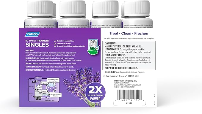 Camco TST MAX RV Toilet Treatment - Formaldehyde Free - Breaks Down Waste And Tissue - Septic Tank Safe - Treats up to 8-40 Gallon Holding Tanks -Lavender Scent, (8) 4 oz Bottles (41551)