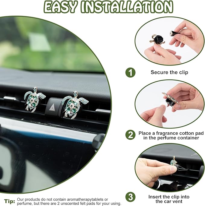 2PCs Bling Turtle Car Air Freshener Vent Clip, Crystal Diamond Vent Clip Decoration