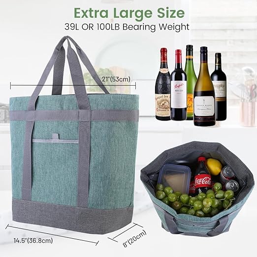 CIVJET Insulated Reusable Tote Bag for Grocery Shopping for Women/Men, Waterproof Cooler Bags for Travel/Beach/Picnic, Pizza/Food Delivery Bag to Keep Food Cold/Hot for Catering (Oxford Cloth, Green)