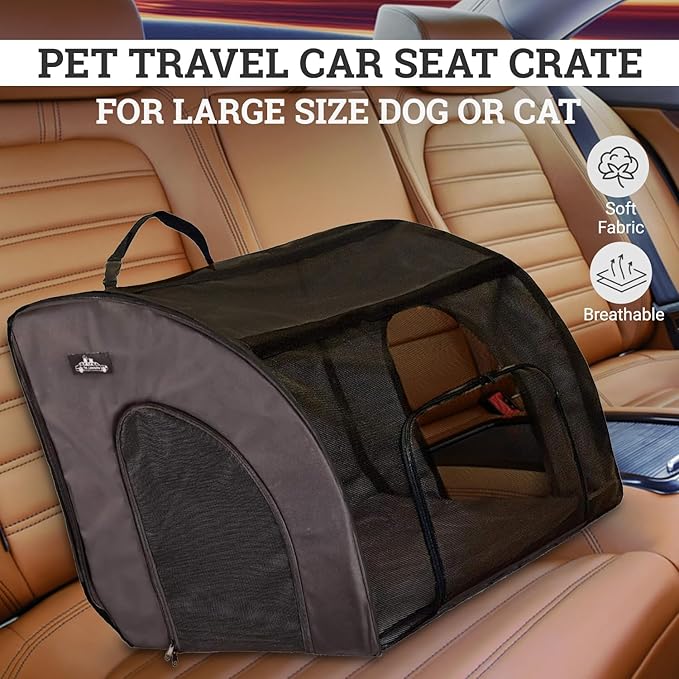 Soft Pet Travel Car Seat Crate for Large Size Dog or Cat - Folds Flat - Storage Bag Included - Black Color - Portable with Case