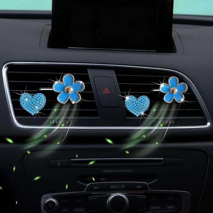 4PCS Car Air Vent Clips with Fragrance Pads, Cute Flower Car Air Fresheners Vents Clips Diamond Vent Clip Auto Interior Decor Charm Bling Auto Accessories Decoration for Women (Blue)