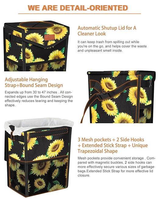 Car Trash Can with Lid, Cute Leakproof Car Trash Garbage Bag Hanging Vehicle Trash Bin Small Portable Automotive Garbage Cans Organizer for Back/Front Seat/Console(Trapezoid,Sunflower)
