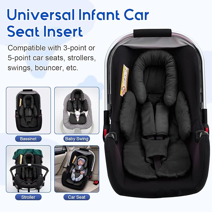 Newborn Car Seat Head Support with 3 Shoulder Covers Set, 2-in-1 Reversible Infant Car Seat Insert, Thickened Car Seat Cushion for Baby, Carseat Head Support for Preemie to Infant