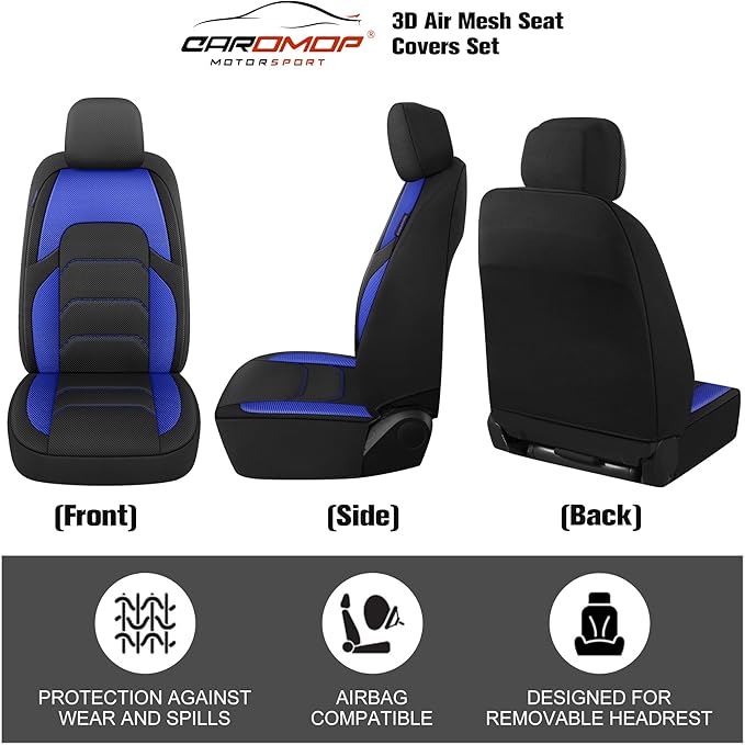 CAROMOP 3D Air Mesh Car Seat Covers 2 Front Seats,Breathable and Durable Seat Covers for Cars,Universal Fit for SUV,Vans,sedans, Trucks, Automotive Interior Covers(Black/Blue)