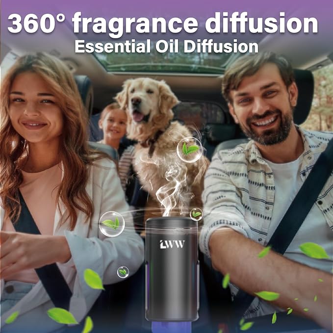 Car Air Freshener - Smart Adjustable 3-Speed Intensity, Rechargeable Humidifier Car Essential Oil Diffuser - Comes with 8 Bottles of 10ml Perfume (Black)