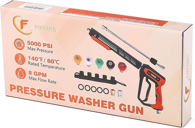 FIXFANS Pressure Washer Gun Kit, 5000PSI Power Washer Handle Gun with Replacement Wand Extension, High Pressure Spray Gun with 5 Nozzle Tips, M22 Fitting, 1/4" Quick Connect Female