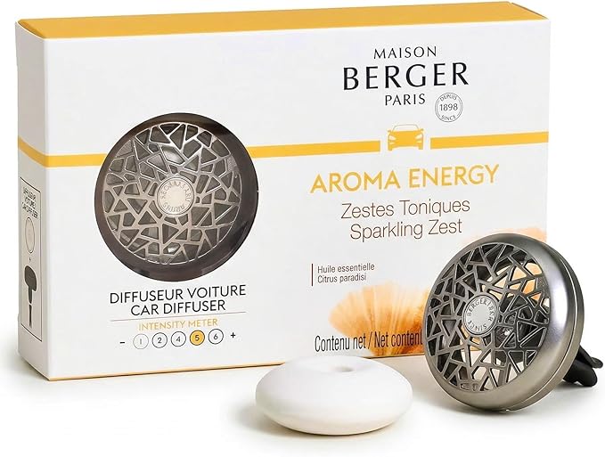 Maison Berger Car Diffuser Set – Refillable Vent Clip, Ceramic Refill, Made in France - Luxury Auto Scent - 4-Week Diffusion - Elegant Air Freshener for All Car Vents (Aroma Energy)