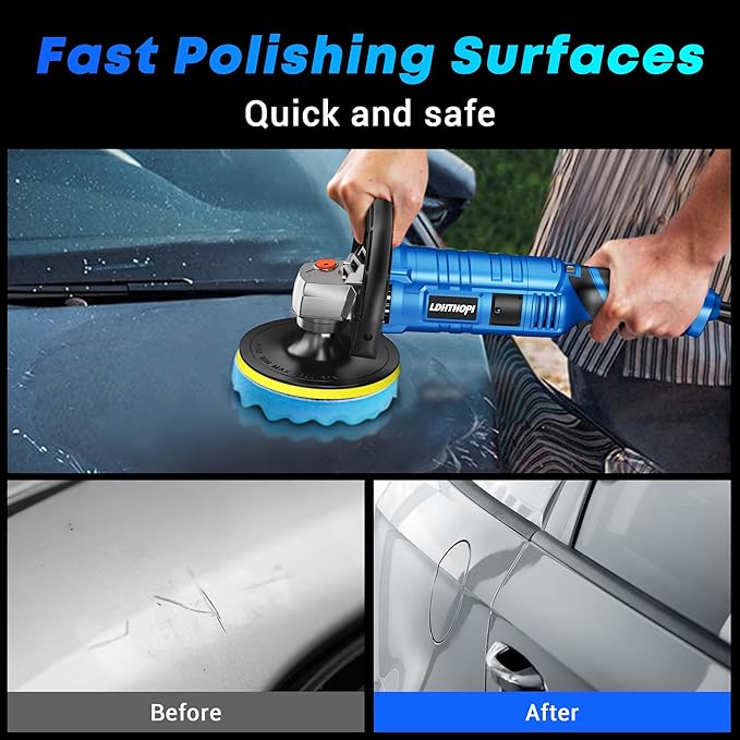 LDHTHOPI Buffer Polisher Kit for Car - 6/7 Inch Rotary 1600w Polisher Buffer Waxer,7 Variable Speed 1000-3500rpm,Detachable Handle Buffing Machine for Car, Boat Sanding, Polishing Waxing, Blue 2