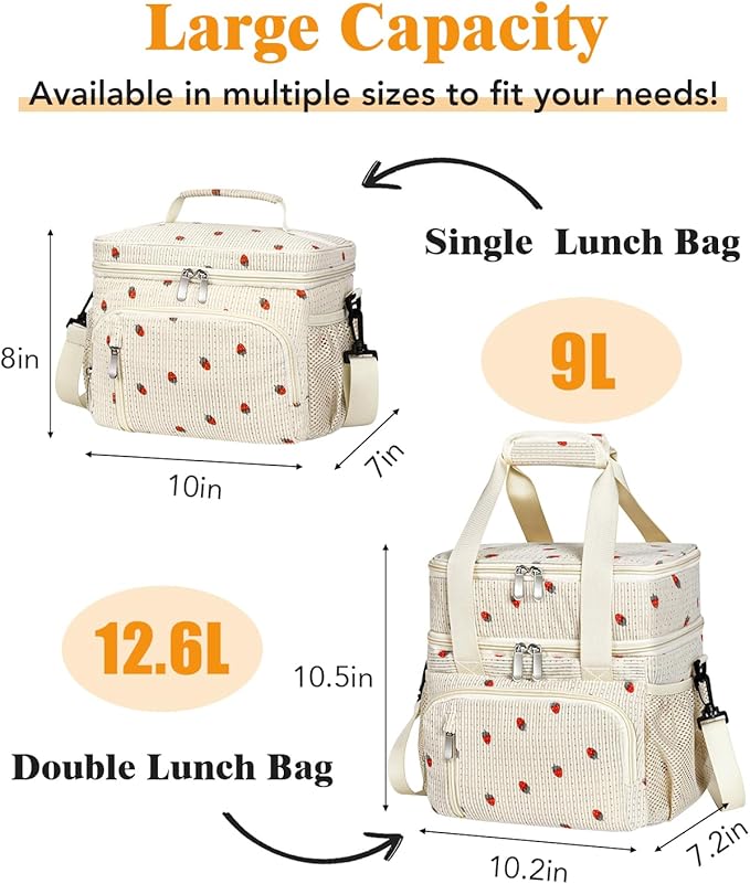 Insulated Lunch Bag for Men & Women, 9L Leakproof Lunch Box Soft Cooler Tote with 5 Pockets, 600D Oxford, EVA Lining, Adjustable Strap for Work, Picnic, Beach&Travel-Corduroy Strawberry