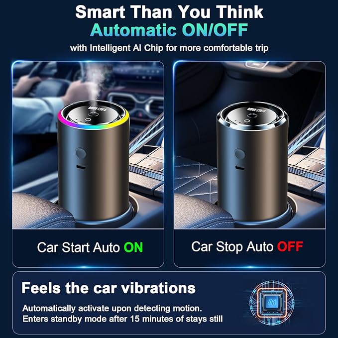 Smart Car Air Freshener, Car Air Freshener Diffuser with 100ml Perfume, Long Lasting Lasts 6 Months, RGB Music Syncing Light, Auto On/Off, 5 Adjustable Rechargeable Aroma Diffuser, Cologne