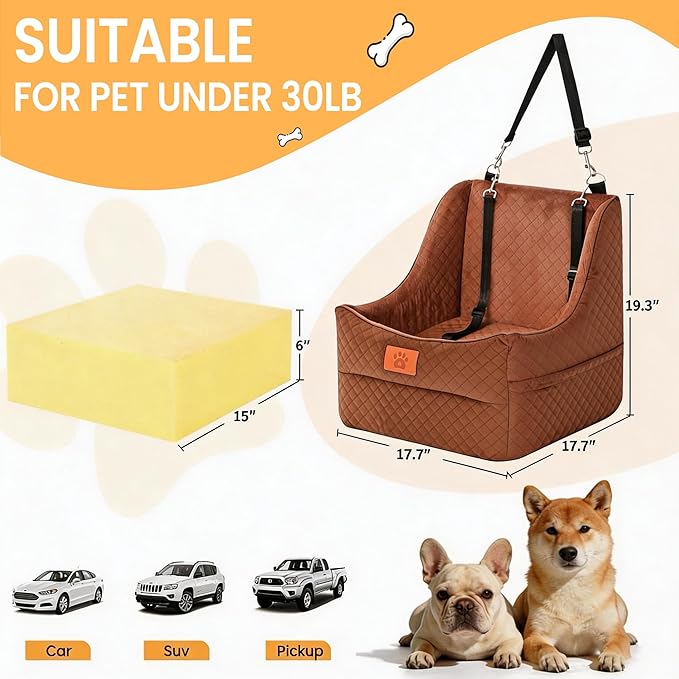 Dog Car Seat for Medium Dogs – Premium Pet Booster Seat with Two Pet Safety Belts, Detachable Washable Cover Non-Slip Base, Portable Dog Travel Seat for Road Trips & Daily Errands Up to 35lbs