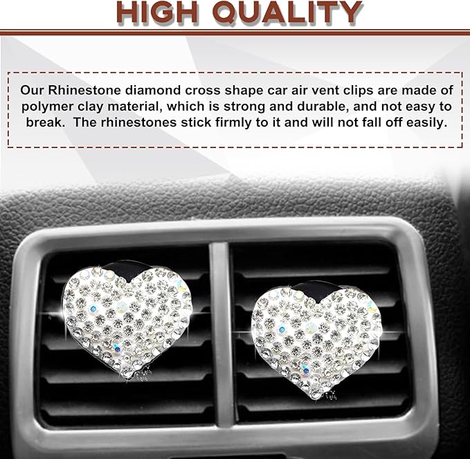 2 Pieces Bling Crystal Heart Car Vent Clips Sparkling Air Freshener and Decorative Accessories for Women Men SUV Truck (White)