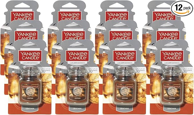 Yankee Candle Car Air Fresheners, Hanging Car Jar Ultimate, Neutralizes Odors Up To 30 Days, Leather, 0.96 OZ (Pack of 12)