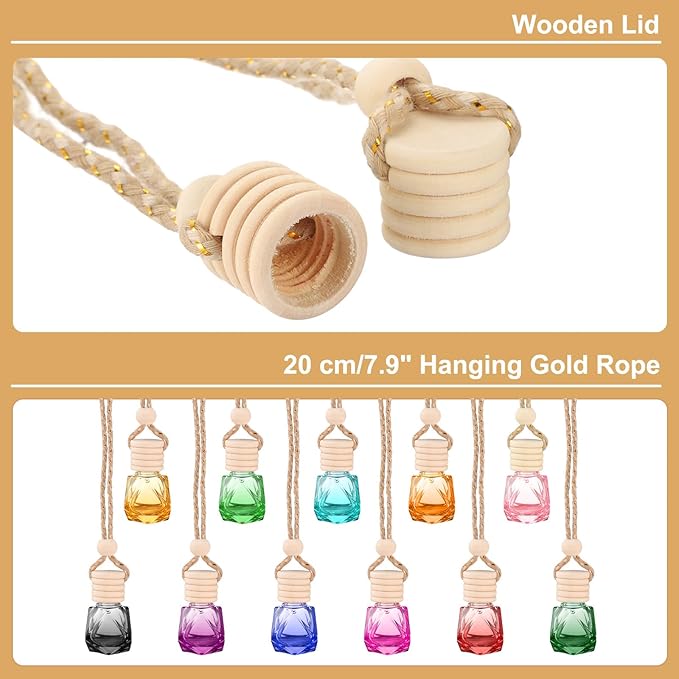 uxcell 12pcs Hanging Car Air Freshener Perfume Bottle, 8ml Pendant Empty Glass Essential Oil Aromatherapy Diffuser with Wooden Cap for Car Decor (Multicolor, Rhombus)