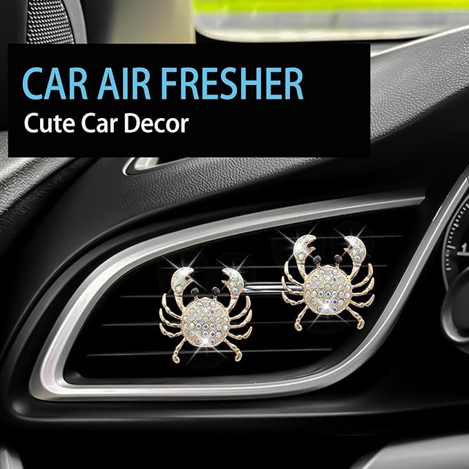 Crab Car Decor,Cute Beach Coastal Car Vent Clips,2pcs Bling Crab Car Air Freshener,Ocean Themed Decoration Accessories for Women,Refillable Aroma Diffuser