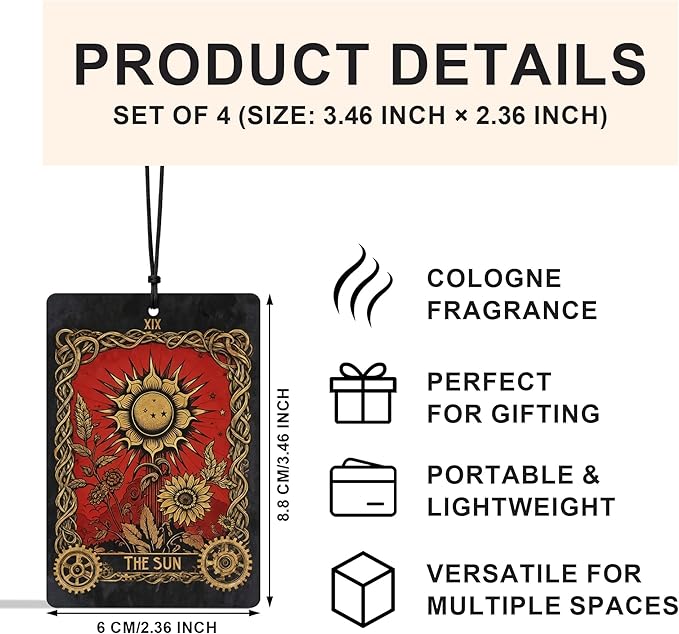 Vintage Boho Witchy Tarot Card Car Air Freshener 3 Pcs, the Sun Moon Star Tarot Card Air Freshener Hanging for Cars Books Closet Drawer, Witchy Car Accessories for Women Men（01）