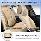 Coverado Car Seat Covers Full Set, Beige Seat Covers for Cars, Waterproof Nappa Leather Automotive Seat Covers with Lumbar Head Pillow, Car Seat Protectors, Universal Fit for Most Cars SUV