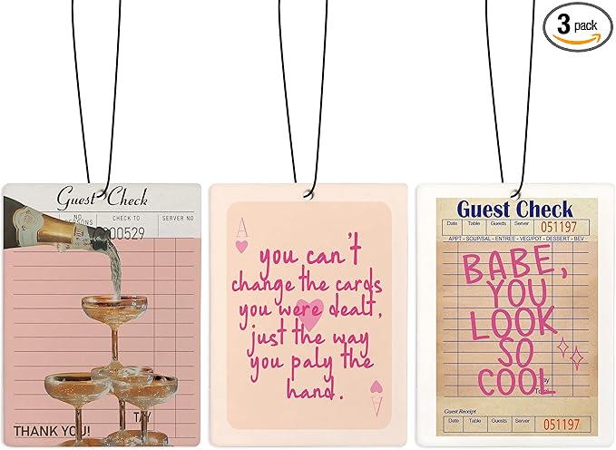 Retro Pink Air Freshener for Car, Preppy Cute Guest Check Champagne Ace Card Air Freshener Hanging 3 Pcs for Cars Closet Drawer or Books, Y2K Girly Car Mirror Decor for Women Teens
