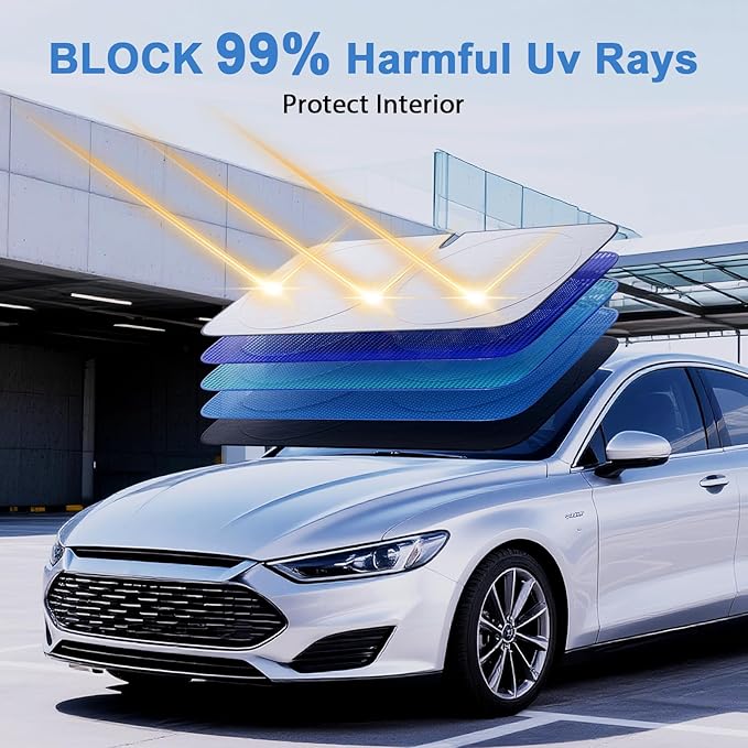 PEMOTech 2026 Upgraded Windshield Sun Shade Cover for Privacy | Overlapping Leather Protection Car Window Shades | Sunburn Blocker & Rear View Mirror Compatible | 64''x32'' for Toyota/Chevy/Honda