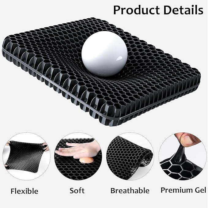 Gel Seat Cushion, Large Gel Cushion Breathable Honeycomb Chair Pads Gel Cushion with Non-Slip Cover for Home Office Chair Car Seat Wheelchair Absorbs Body Pressure Points, As Seen on TV (Black)