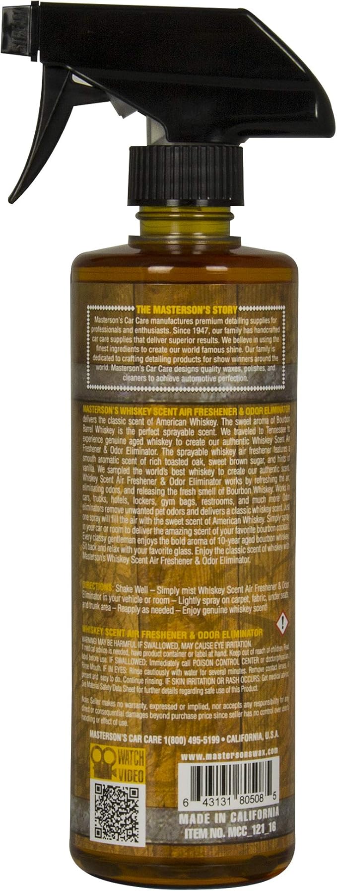 MASTERSON'S CAR CARE MCC_120_16 Whiskey Scent Air Freshener & Odor Eliminator (16 oz)