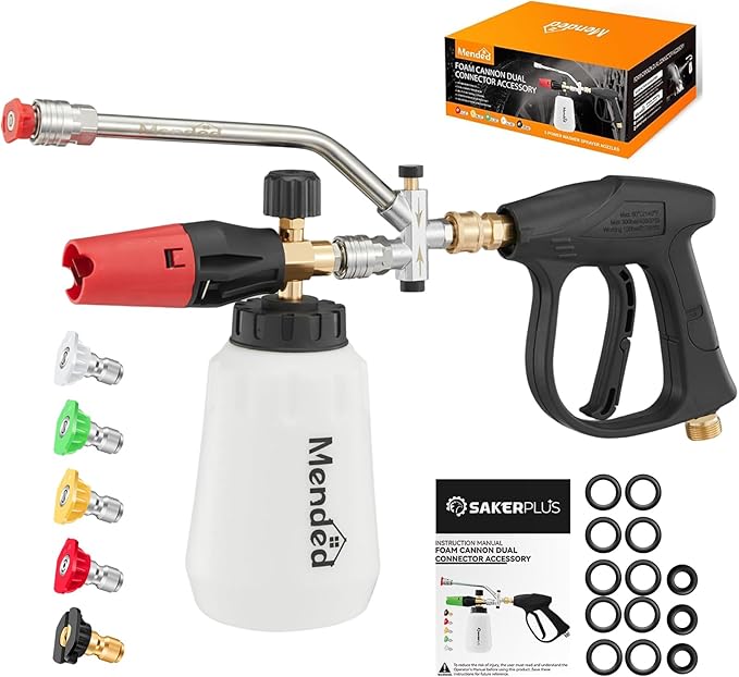 Sakertool Foam Cannon Dual Connector Accessory for Pressure Washer Kit,Car Wash Foam Gun - Power Washer Accessories Gun with Foam Cannon Dual Connector for cleaning - 5 Power Washer Sprayer Nozzles