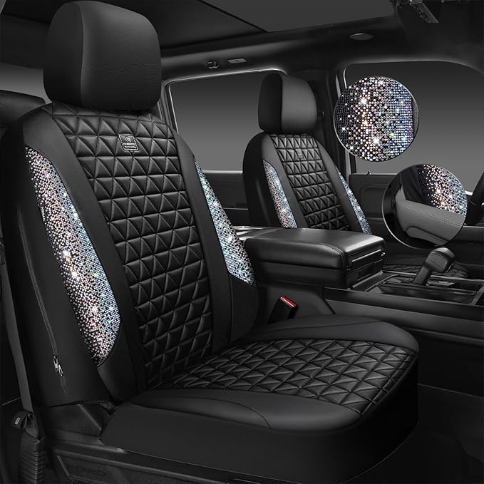 CAR PASS Bling Diamond Leather Car Seat Covers Full Seats Interior Sets, Waterproof Shining Glitter Sparkly Crystal Universal Armrest Automotive Truck SUV Cute Women Girl, Black Multicolor Rhinestone