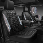 CAR PASS Bling Diamond Leather Car Seat Covers Full Seats Interior Sets, Waterproof Shining Glitter Sparkly Crystal Universal Armrest Automotive Truck SUV Cute Women Girl, Black Multicolor Rhinestone