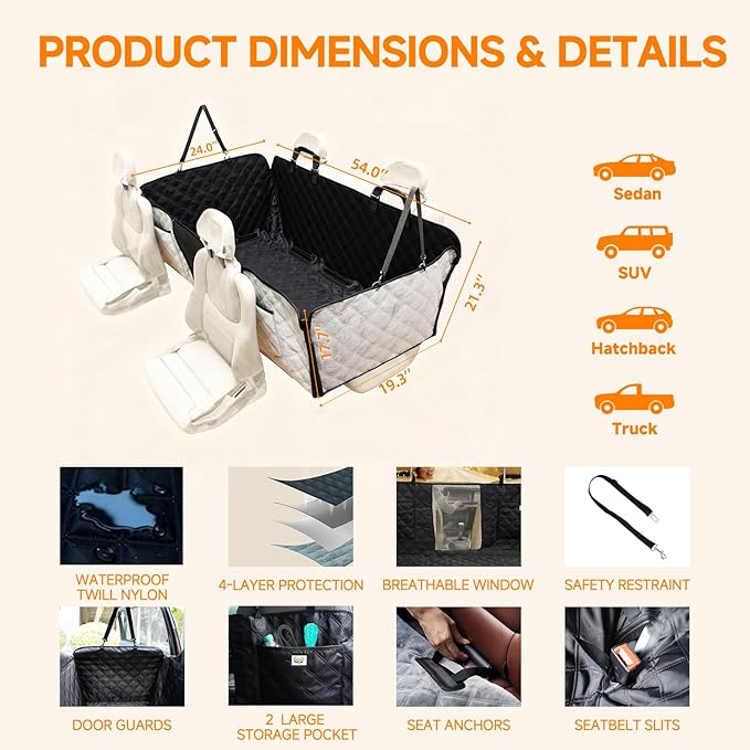 PETTALK Deluxe Double Side Dog Car Seat Cover Back Seat, Waterproof Seat Cover Hammock, Reversible,Heavy Duty,Anti Scratch,Durable Soft Pet Large Dog Cover Protector for Cars SUVs Trucks,User Friendly