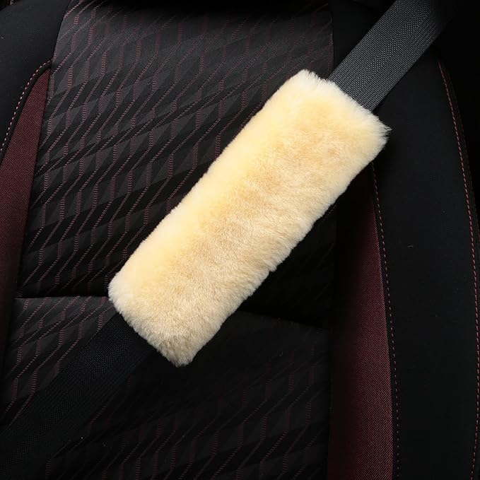 Soft & Cozy Australian Sheepskin Car Seat Belt Covers,2 Pack Fluffy Seatbelt Pads, Genunie Sheepskin Fur Shoulder Straps Cushions for Adults Kids Women and Men (Beige Yellow)