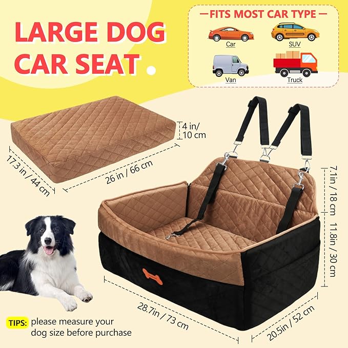 PetsHome Dog Car Seat for Medium Large Dogs, Detachable Washable Pet Booster Seat with Memory Foam Cushion, Side Pockets, 2 Clip-On Safety Leashes Pet Car Seat for Dog Up to 60 lbs/2 Small Dogs-Brown