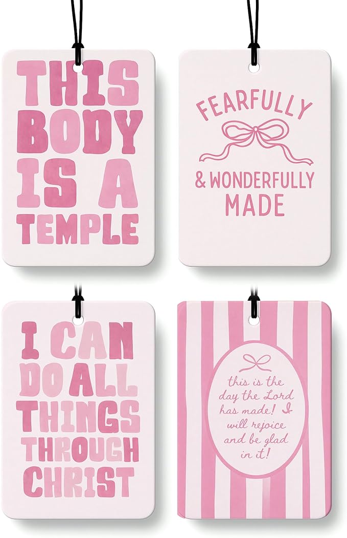 Pink Christian Car Air Freshener 4 Pcs Coconut Scented, Preppy Religious Bible Verse Car Accessories Mirror Decor for Women, Girly Christian Hanging Air Freshener for Cars Closet Drawer Books