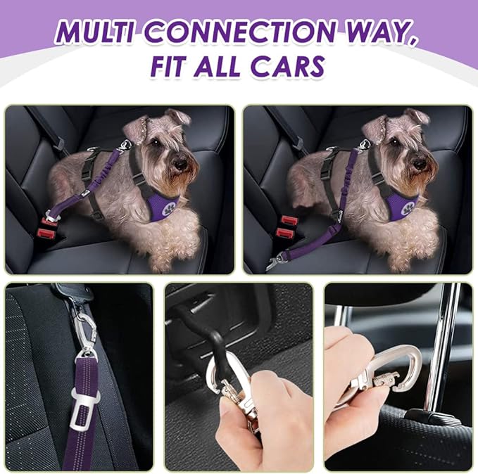 Lukovee Dog Seat Belt for Car, Adjustable Dog Car Harness for Large Medium Small Dogs, Soft Padded & Breathable Mesh Dog Seatbelt with Car Strap and Carabiner (Purple,L)