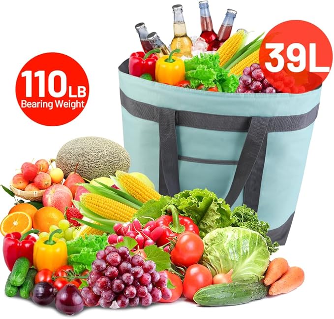 mosago 2PK Reusable Grocery Tote Bags, Insulated Cooler Shopping Bag for Women, Pizza/Food Delivery Bags to Keep Food Hot/Cold for Commercial Food Transport, Cooler Bag for Travel/Picnic, Collapsible