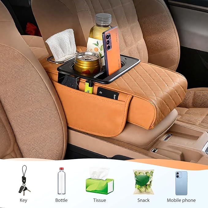 Multifunctional Car Armrest Cushion with Integrated Booster, 2026 Upgraded Universal Style Memory Cotton Car Armrest Box Pad, Car Center Console Armrest Pillow, with 2 Cup Holder (Black Red)