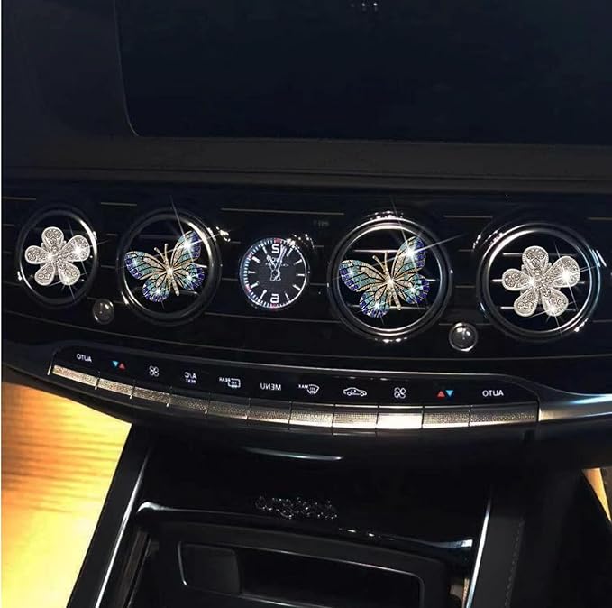 Bling Butterfly Air Vent Clips,4Pcs Blue Crystal Daisy Car Air Fresheners Vent Clips Car Diffuser Vent Clip Rhinestone Diamond Flower Decoration Bling Cars Accessories for Women ，Interior Accessories