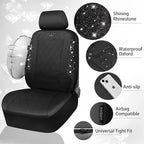 CAR PASS Oxford Bling Diamond Car Seat Covers Full Set Interior Sets, Waterproof Shining Glitter Sparkly Crystal Universal Armrest Fit 95% Automotive Truck SUV Cute Women Girl, All Black Rhinestone