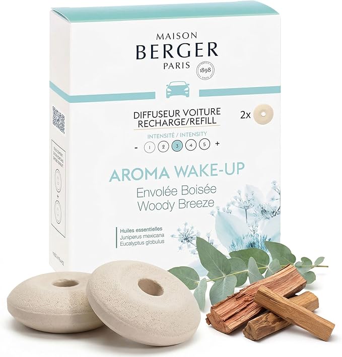 Maison Berger Luxury Car Diffuser Refill Set – Ceramic Inserts for Vent Clip Diffusers, 4-Week Passive Diffusion, Premium In-Car Fragrance Refill, Made in France (Aroma Wake Up)
