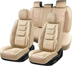 Coverado Car Seat Covers Full Set, Seat Covers for Cars, Front Seat Covers and Back Seat Cover Waterproof Leather Automotive Seat Cover, Universal Car Interior Protectors Cushion for Most Cars Beige