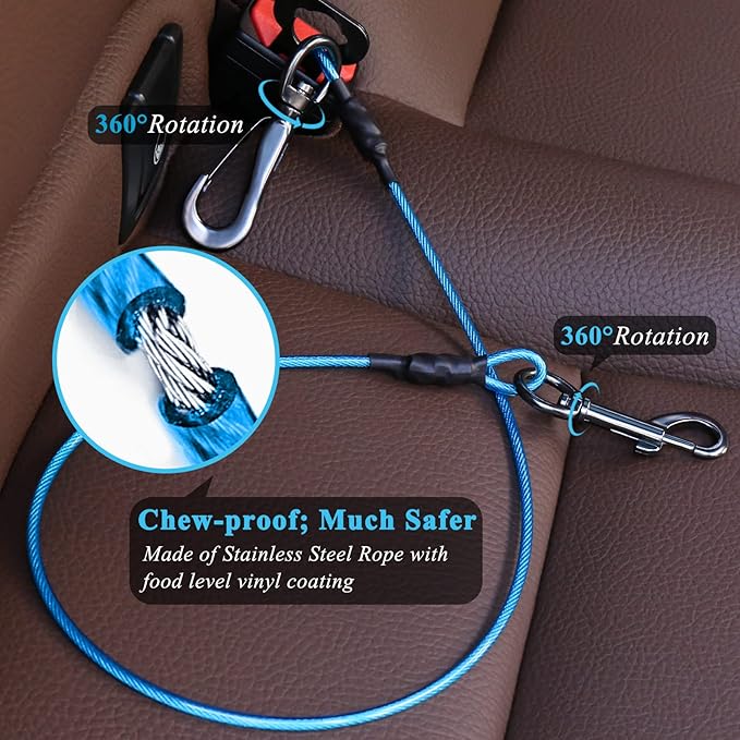 VIVAGLORY Dog Seat Belt Tuffbelt Dog Car Harness, Seatbelt with Clip & Hook for Car Travel, Chew Proof Anti Chew Unchewable Metal Safety Tether Restraint, M, Blue
