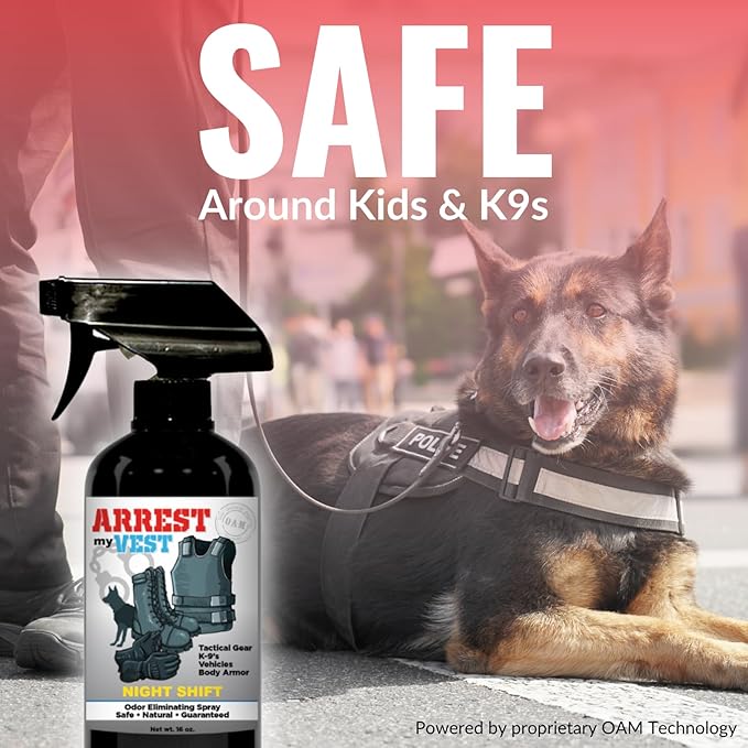 Arrest My Vest Military Grade Odor Eliminating Spray for Body Armor, Tactical Gear, and K9 Equipment. Safe on All Ballistic Vests, Fabrics, & Police Gear - Night Shift Fragrance - 2 16 oz Bottles