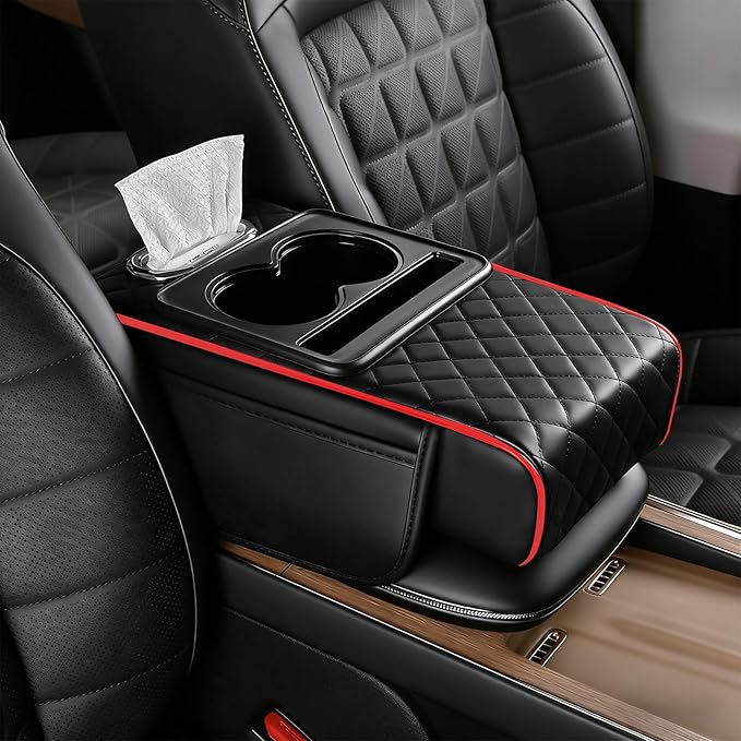 Car Armrest Cushion, Car Center Console Cover, Leather Armrest Cover for Car, Universal Middle Console Cushion with Storage Box, Cup Holder, Phone Slot, Waterproof Interior Accessories (black-red)