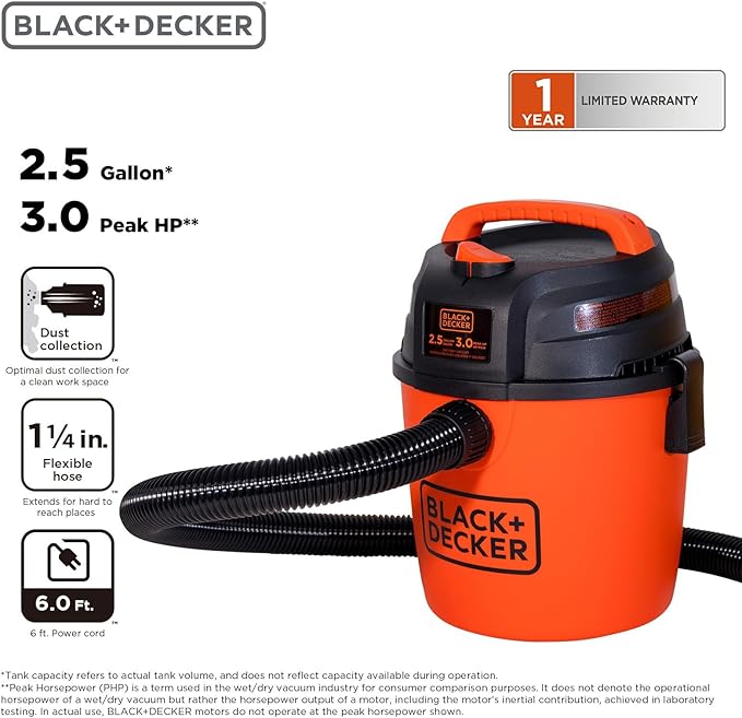BLACK+DECKER 2.5 Gallon Shop Vac, 3 HP Wet Dry Vacuum with Powerful Suction, Portable for Garage Car and Home Use, Pet Hair Cleaning, Accessories Included, BDXV18134PA