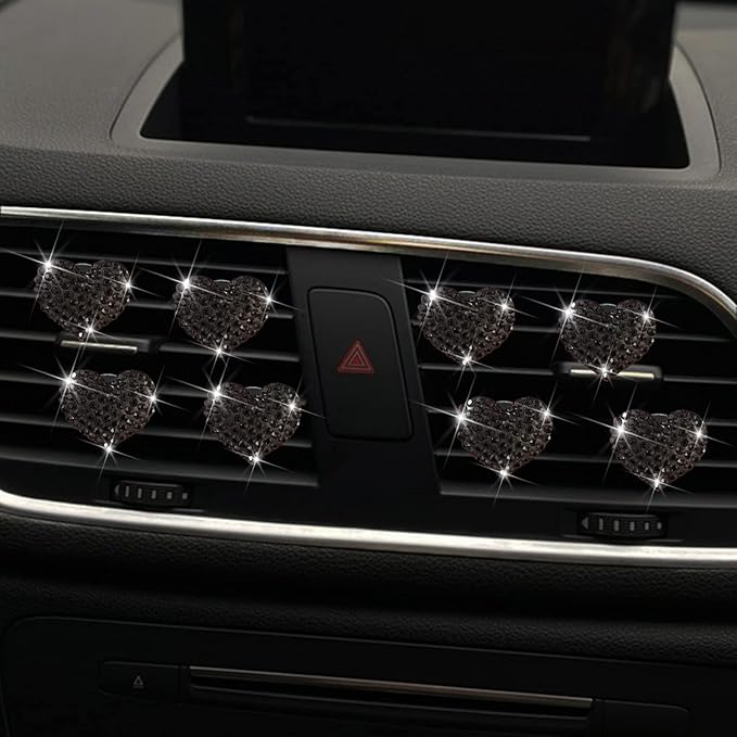 8 Pcs Bling Heart Air Vent Clips, Crystal Heart Car Air Fresheners Vent Clips Diffuser Rhinestone Diamond Car Decoration Interior Decor Cute Accessories for Women Girls (Black)