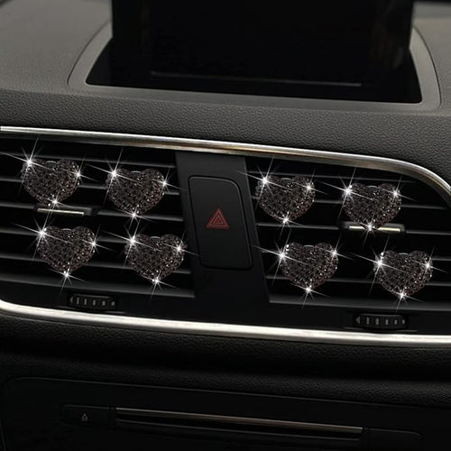 8 Pcs Bling Heart Air Vent Clips, Crystal Heart Car Air Fresheners Vent Clips Diffuser Rhinestone Diamond Car Decoration Interior Decor Cute Accessories for Women Girls (Black)