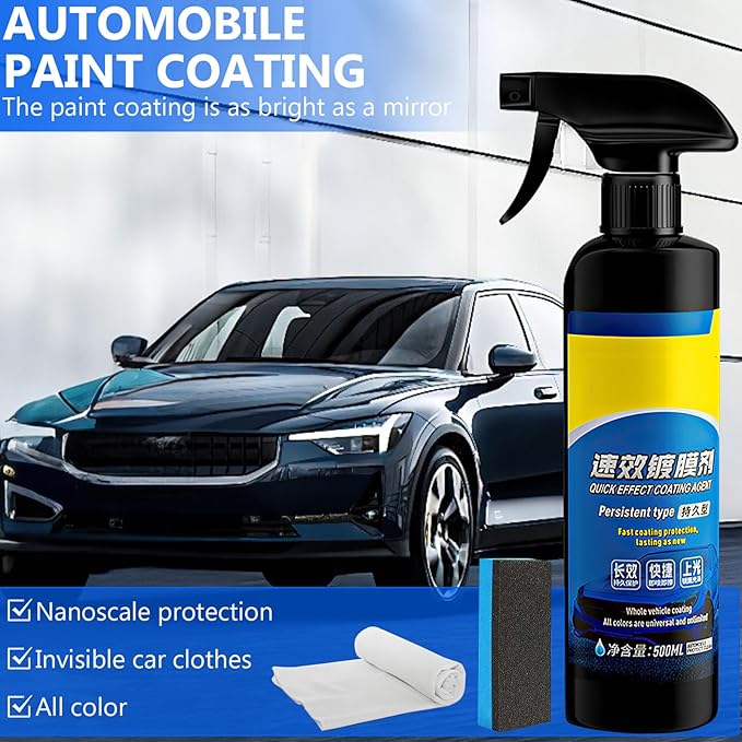 Car Coating Spray,Quick Effect Coating Agent,Quickly Coat Car Wax,Car Scratch Wax Polish Spray Waterless Wash, Oil Film Emulsion Glass Cleaner (1PC+Sponge+Cloth)